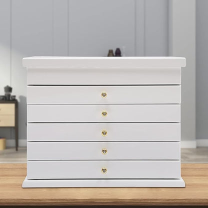 Wood Jewelry Box 6-Tier Large Jewelry Organizer Cabinet with 5 Drawers Women Girls Storage Display Case for Necklace Rings Earrings Accessories, with Mirror and Lock (Without Mirror-white)