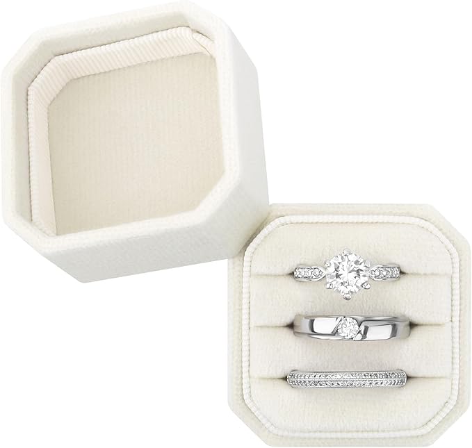 DesignSter Velvet Ring Box - Square, 3 Slots, Premium Ring Bearer Box for Wedding Ceremony & Proposal Engagement (Beige)