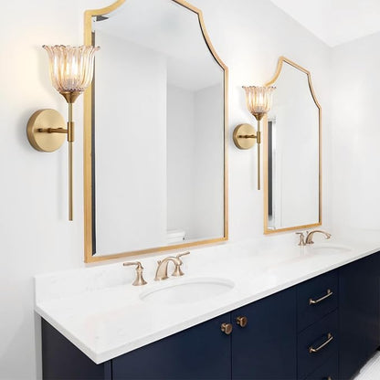 Gold Wall Sconce Set of 2 with Amber Glass Shades Modern Mid Century Bathroom Vanity Wall Light Fixtures Industrial Brushed Brass Wall Lamp for Bedroom Mirror Living Room Restaurant
