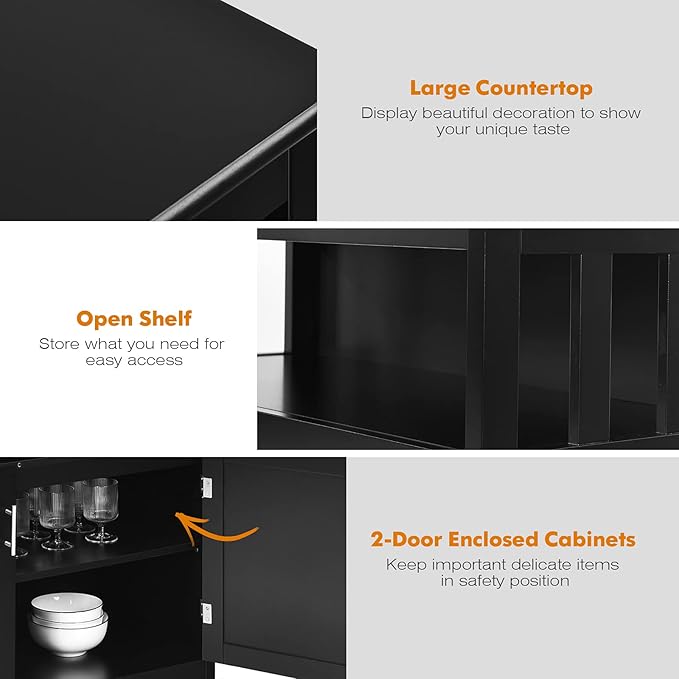 Giantex Kitchen Buffet Sideboard, Wooden Storage Server Cupboard Cabinet, Dining Room Living Room Bar Furniture 2-Door Console Table w/ 5-Position Adjustable Shelf & Open Shelf Drawer Cabinets (Black)