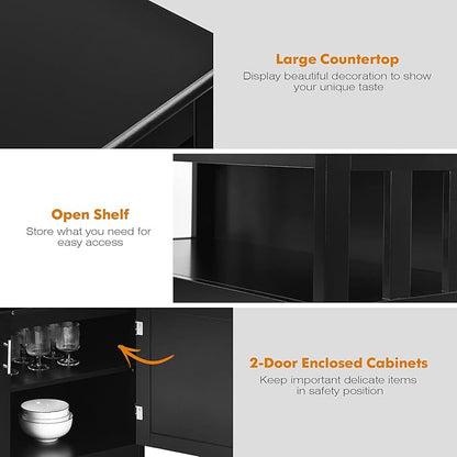 Giantex Kitchen Buffet Sideboard, Wooden Storage Server Cupboard Cabinet, Dining Room Living Room Bar Furniture 2-Door Console Table w/ 5-Position Adjustable Shelf & Open Shelf Drawer Cabinets (Black)