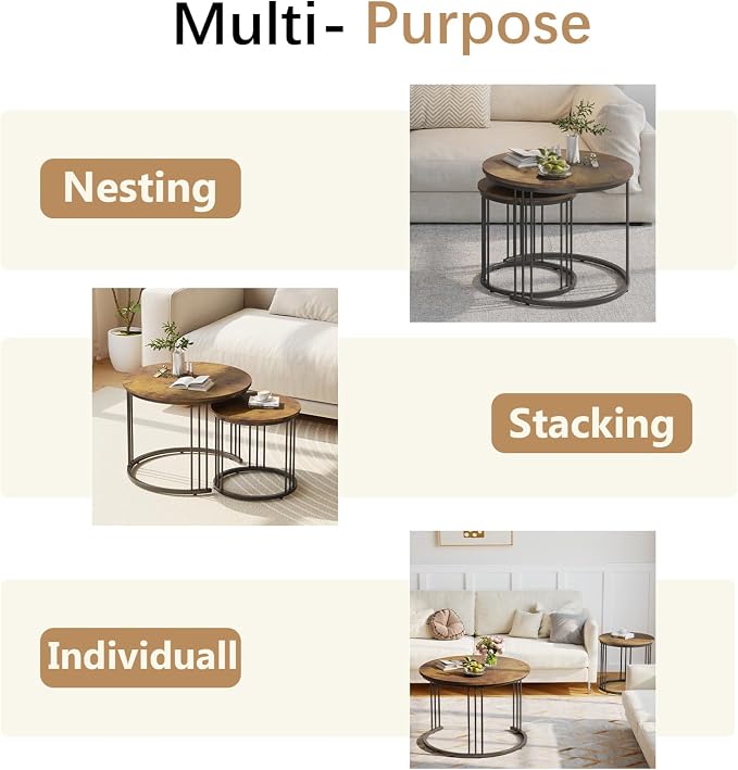 Garden 4 you Nesting Coffee Table, 23.6" Round Coffee Table Set of 2, Wooden Nesting Table with Metal Frame, Ceter Tables for Living Room Bedroom Balcony, Rustic Brown