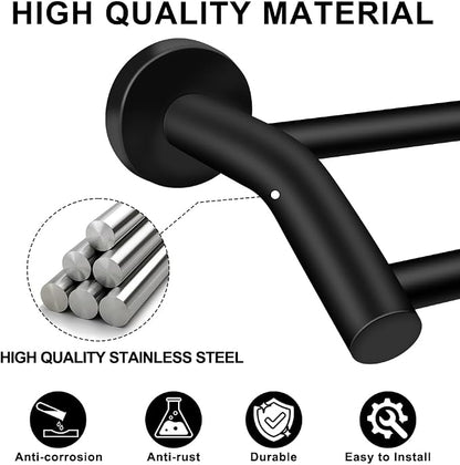 MGahyi Adjustable Double Towel Bar 14.5-24.8Inch, Matte Telescopic Stainless Steel Wall Mount Towel Holder, Rustproof Towel Rack for Bathroom Kitchen RV Laundry Hotel (Black, Double-Bar)