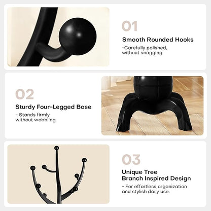 Wooden Coat Rack Freestanding with 8 Hooks, Heavy Duty Coat Hanger Stand with Stable Base, Vintage Coat Tree Standing Coat Racks for Entryway, Hallway, Bedroom (Black)