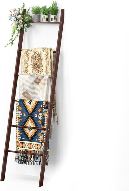 BAMBANG 6-Tier Blanket Ladder for Living Room, Blanket Quilt Ladder Rack Rustic Decorative Towel Holder, Wall Leaning Blanket Ladder Shelf Storage Farmhouse Decor for Bedroom Bathroom, Brown