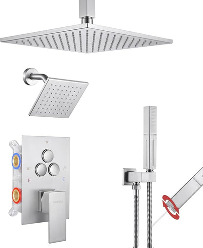 VANFOXLE Shower Faucet Set Brushed Nickel Shower System,Push Button Diverter Shower Faucet with 2 in 1 Handheld,Ceiling Mount Increased Thickness 10 Inch Shower Head with 6 Inch Wall Mount Shower Head