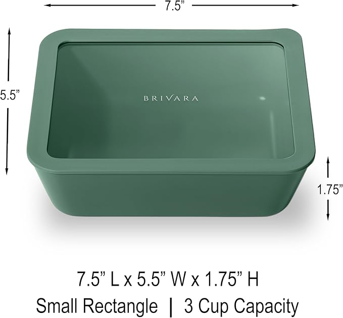 BRIVARA HOME Ceramic Coated Glass Food Storage Container | No PTFE, PFOA, PFAS, and BPA | Reusable Non Toxic Meal Prep Container with Glass Lid | Easy To Store | 3 Cup Rectangle [Pine]