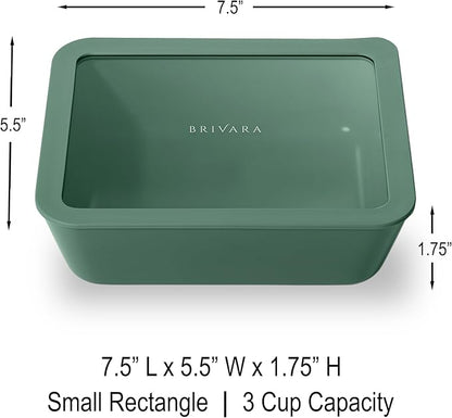 BRIVARA HOME Ceramic Coated Glass Food Storage Container | No PTFE, PFOA, PFAS, and BPA | Reusable Non Toxic Meal Prep Container with Glass Lid | Easy To Store | 3 Cup Rectangle [Pine]