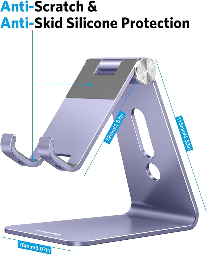 OMOTON Adjustable Cell Phone Stand, C2 Aluminum Desktop Cellphone Stand with Anti-Slip Base and Convenient Charging Port, Fits All Smart Phones, Haze Purple