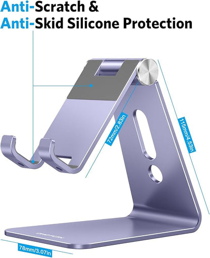 OMOTON Adjustable Cell Phone Stand, C2 Aluminum Desktop Cellphone Stand with Anti-Slip Base and Convenient Charging Port, Fits All Smart Phones, Haze Purple