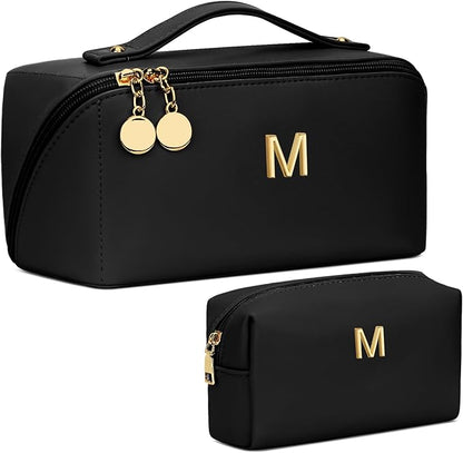 Valentines Day Gifts for Women Teen Girl, Personalized Initial Makeup Organizer Bag Set, Open Flat Travel Cosmetic Bag With Clear Divider and Handle(Black,M)