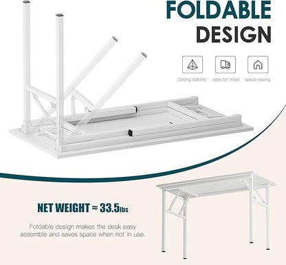 DlandHome Computer Desk 47’’ with LED Lights & Power Outlets,Folding Desk with Monitor Stand, Writing Desk Home Office Desk, Fully Assembled,White