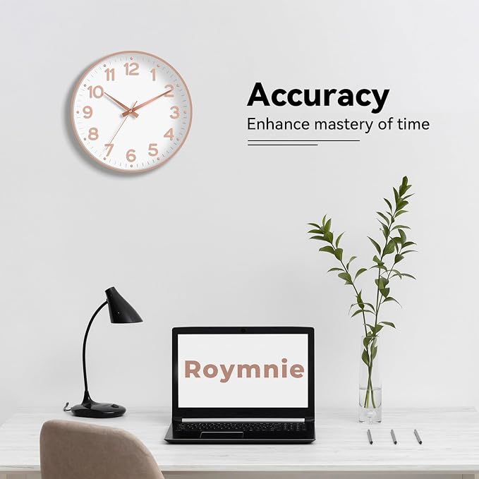 Roymnie Wall Clock, Silent Wall Clocks Battery Operated 8 Inch-Modern Non Ticking Analog Clock Decorative for Kitchen Office Bathroom Bedroom(White Rose Gold)
