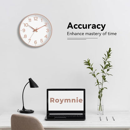 Roymnie Wall Clock, Silent Wall Clocks Battery Operated 8 Inch-Modern Non Ticking Analog Clock Decorative for Kitchen Office Bathroom Bedroom(White Rose Gold)