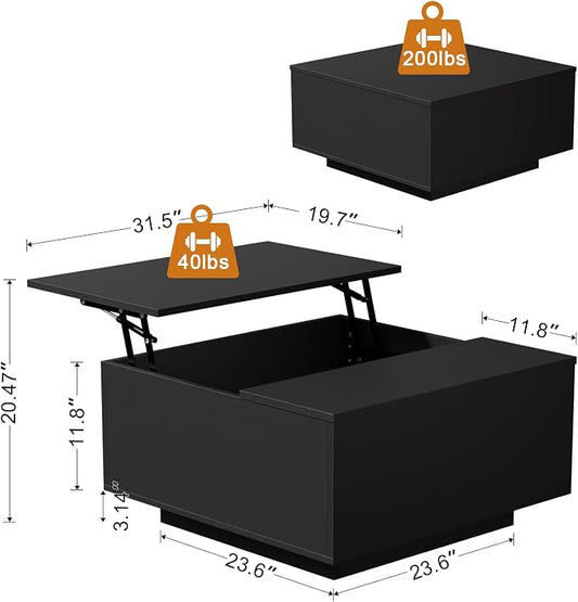 FABATO Lift Top Coffee Table, Wood Square Coffee Table with Storage, Farmhouse Coffee Tables with Hidden Storage Compartment, Center Table with Lifting Tabletop for Living Room, Home Office, Black