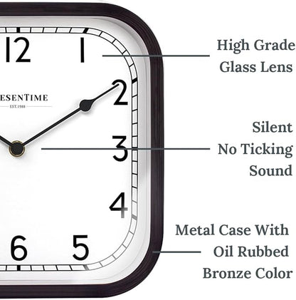 Presentime & Co 10" Anton Vintage Square Clock, Silent No Ticking, Wall & Mantel 2 in 1, Desk and Shelf Clock, Tabletop Décor, Oil Rubbed Bronze Color.