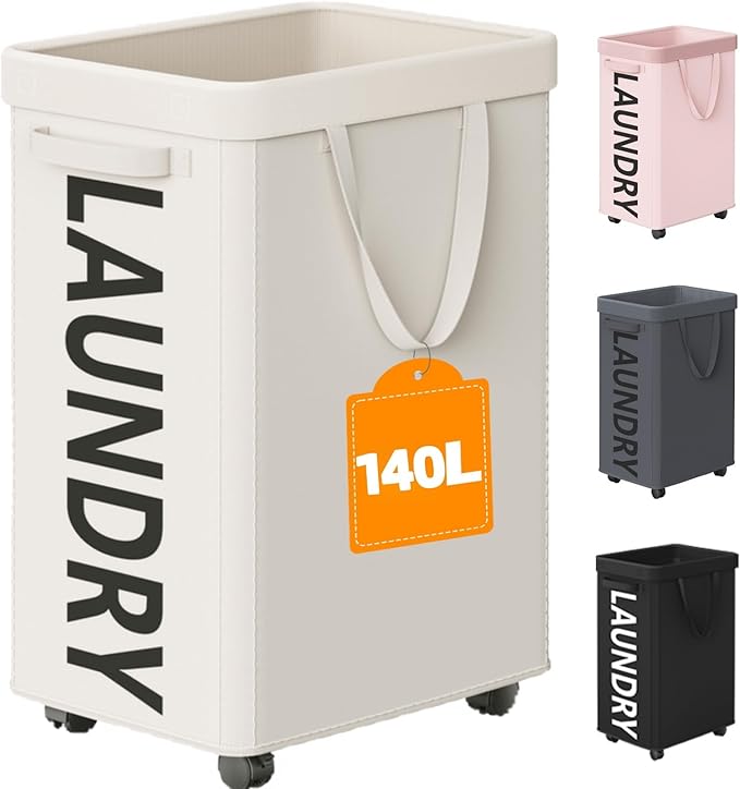 Optish 140L Laundry Hamper with Wheels, Rolling Laundry Basket with Removable Mesh Bag, Extra Large Clothes Hamper on Wheel for Bedroom, Bathroom, Dorm Room Essentials, White