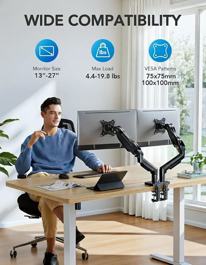 HUANUO Dual Monitor Stand, Fully Adjustable Gaming Monitor Desk Mount for 13–27″ Computer Screens, Full Motion VESA 75x75/100x100 with C-Clamp & Grommet Base, Each Arm Holds 4.4 to 19.8 lbs
