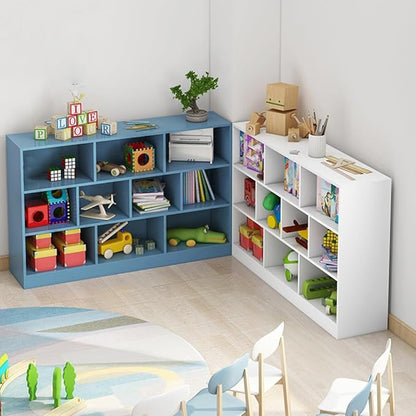 IOTXY Open Shelf Low Bookcase - Wooden 3-Tier Floor Standing Display Cabinet Organizer with Base, 7 Cubes Short Horizontal Bookshelf in Bright Blue