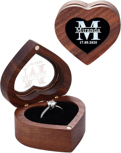 Custom4U Personalized Wedding Ring Box for Proposal Heart Wooden Ring Holder with InitialCustom Name Jewelry Box for Engagement
