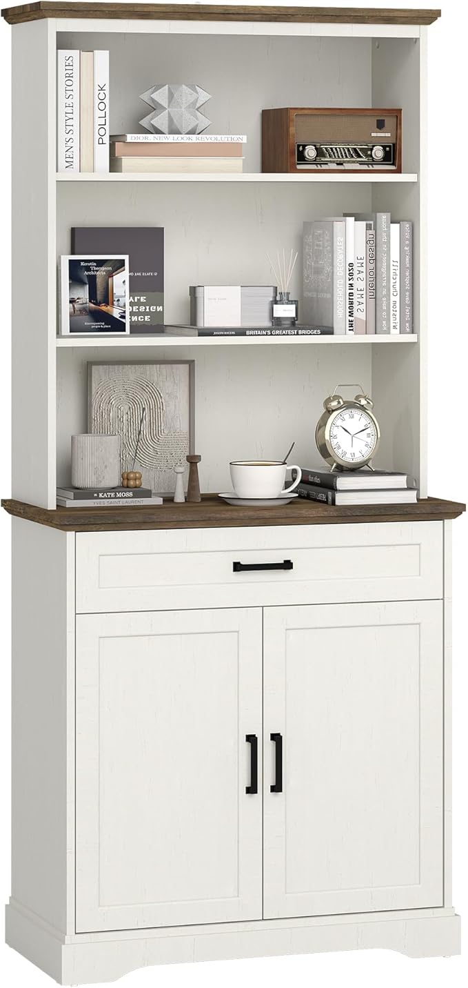White Bookshelf with Drawers , 5-shelf Tall Bookcase with Doors, 15" Multi Depth Storage Cabinet with Adjustable Shelves, Large Bookcases for Home Office, Living Room & Bedroom, Large Storage Cabinet