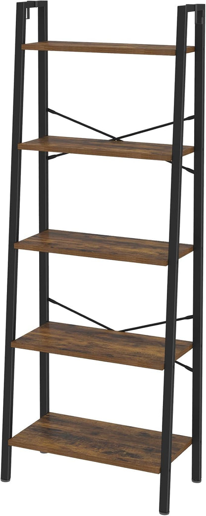 Ladder Shelf, Bookshelf Bookcase, Freestanding Corner Storage Shelve with 2 Hooks for Home Office, Living Room, Kitchen, Bedroom, Industrial, 11.8" D x 23.6" W x 63" H, Rustic Brown BC19301B