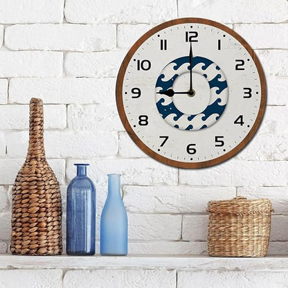 Retro Swimming Circle Wall Clock 10 Inch Silent Non Ticking Battery Operated Wooden Modern Office Simple Minimalist Clock Decorative for Kitchen Home Bathroom Living Room