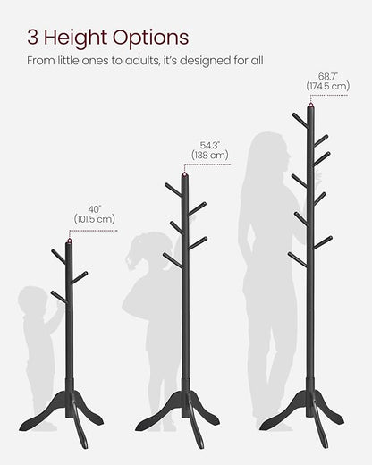 VASAGLE Solid Wood Coat Rack, Free Standing Tree-Shaped Coat Rack with 8 Hooks, 3 Height Options, for Clothes, Hats, Bags, Living Room, Bedroom, Home Office, Ink Black URCR001B01