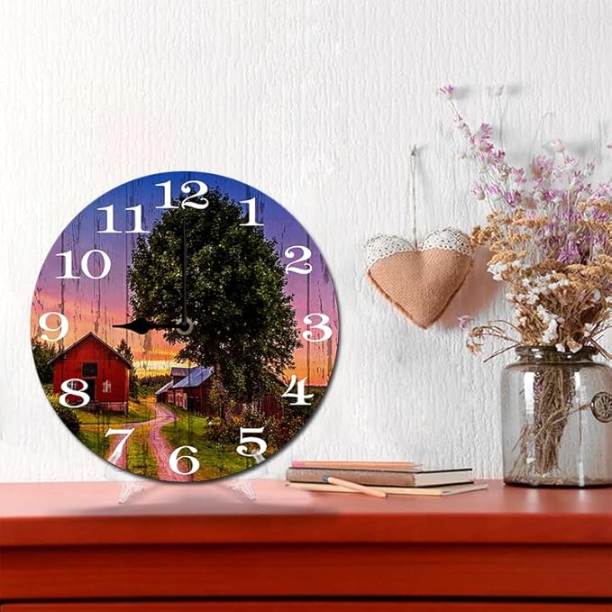 Rural Scenery Wall Clock 10 Inch Silent Non Ticking Battery Operated Wooden Modern Office Simple Minimalist Clock Decorative for Kitchen Home Bathroom Living Room