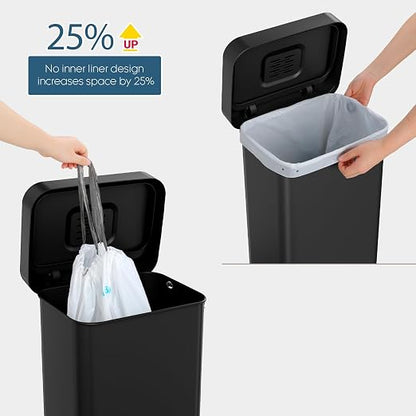 Arlopu 50L/13.2Gal Stainless Steel Trash Can W/15 Inner Bags & Rear Trash Bag Storage Compartment, Kitchen Step Trash Can with Lid & Built-in Deodorizer Box, Garbage Bin W/Foot Pedal (Black)