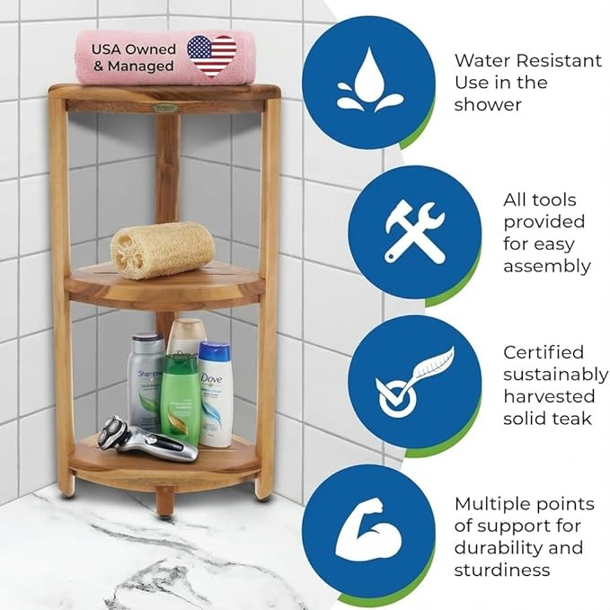 EcoDecors 3-Tier Shelf Waterproof Teak Wood Shower Shelf for Inside Shower Provides Storage, and Organization for Bathroom Accessories