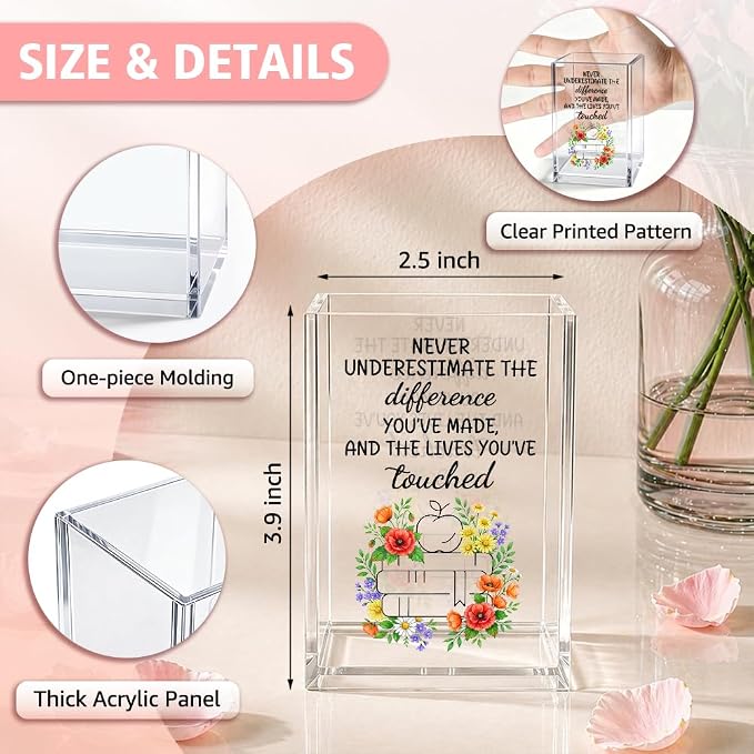 Never Underestimate The Difference You’ve Made Acrylic Pencil Holder Cup, Appreciation Gifts for Teacher, Home Office Desk Organizer, Floral Pen Holder for School Classroom, Teacher's Day Gifts