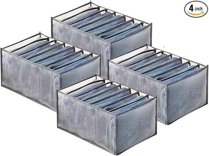 Wardrobe Clothes Organizer, 7 Grids Washable Portable Closet Organizer Mesh Separation Storage Box Foldable Closet Drawer Organizer for Underwear, Socks, Scarves, Jeans (Grey, 4 Jeans Grid)