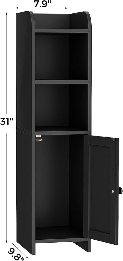 Homhedy Small Bathroom Storage Corner Floor Cabinet with Door and Shelves, Beside The Toilet Paper Stand for Skinny, Narrow Toilet Paper Cabinet, 9.8" D x 7.9" W x 31" H, Black