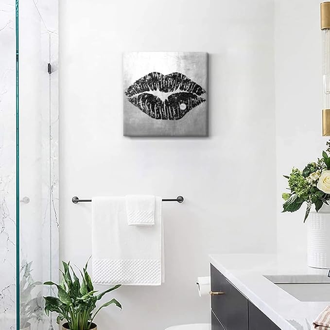 7CANVAS Black and Grey Wall Art Decor Woman Sexy Lips Painting Prints on Canvas Framed Artwork for Home Bedroom Bathroom Salon Decor Framed 12x12Inch