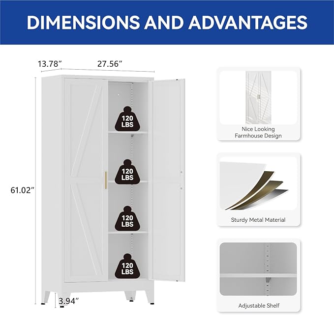 COFaR Farmhouse Kitchen Pantry Cabinet, 61 in Tall Metal Storage Cabinet with 3 Adjustable Shelves and 2 Barn Doors, Freestanding Cupboard for Garage Kitchen Office Bathroom Laundry, White 4 Tiers