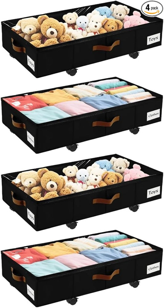 Under Bed Storage with Wheels,Underbed Storage with Sturdy Sidewalls/Bottom, Clear Cover, Label and PU Handle, Rolling Under Bed Drawers for Clothes, Shoes, 6.5 Inch Height,Black, 4 Pack