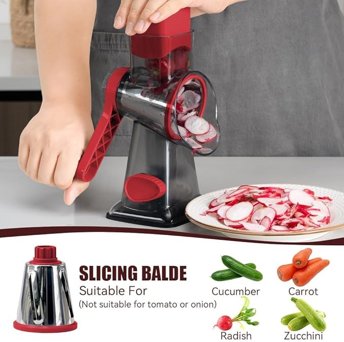 KEOUKE Rotary Cheese Grater Hand Crank Transparent - Shredder Slicer Grinder 3 Stainless Steel Blades, Stable Suction, Labor-Saving Handle, Safe Kitchen Tool for Cheese, Vegetable, Nuts, Chocolate