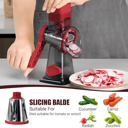 KEOUKE Rotary Cheese Grater Hand Crank Transparent - Shredder Slicer Grinder 3 Stainless Steel Blades, Stable Suction, Labor-Saving Handle, Safe Kitchen Tool for Cheese, Vegetable, Nuts, Chocolate