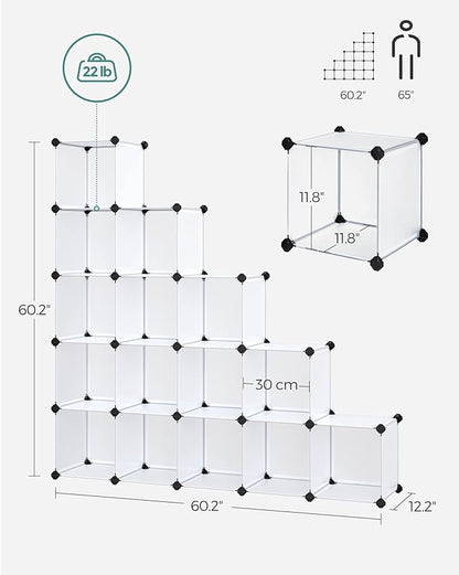 SONGMICS Cube Storage Organizer, Set of 16 Plastic Cubes, Book Shelf, Closet Organizers and Storage, Room Organization, Bedroom Living Room, 12.2 x 48.4 x 48.4 Inches, White ULPC44L