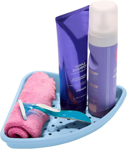 madesmart Bathtub Corner Shelf, Suction Cup Bath Organizer for Shampoo, Soap, Razors & Shower Accessories, Non Slip Bathroom Storage Tray with Drainage Holes, Blue
