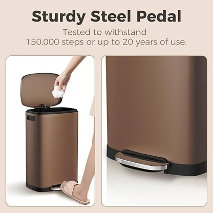 ELPHECO LPHECO Kitchen Trash Can with Lid Soft Close, 13 Gallon / 50L Stainless Steel Pedal Garbage Can, Heavy-Duty Step Wastebasket with 20 Bags, Removable Bucket, Home Office, Kitchen, Brown