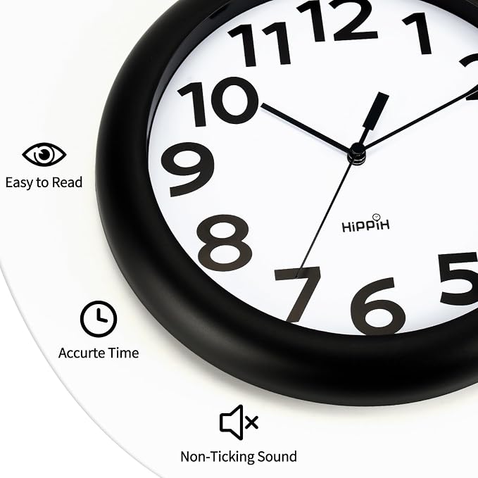 HIPPIH 2 Pack Silent Wall Clock, 10 Inch Non Ticking Quiet Digital Sweep Decorative Battery Operated Wall Clocks for Living Room Bedroom Kitchen School Office Decor, Black
