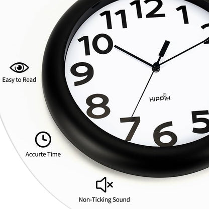 HIPPIH 2 Pack Silent Wall Clock, 10 Inch Non Ticking Quiet Digital Sweep Decorative Battery Operated Wall Clocks for Living Room Bedroom Kitchen School Office Decor, Black