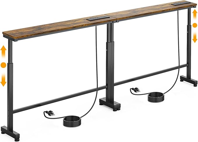 Dicasser 2 Pack Narrow Console Sofa Table with Adjustable Height (22"-33") & 2 Power Outlets, Skinny Behind Couch Table for Living Room Entryway Hallway, 79" L x 7" W x 33" H (Rustic Brown)