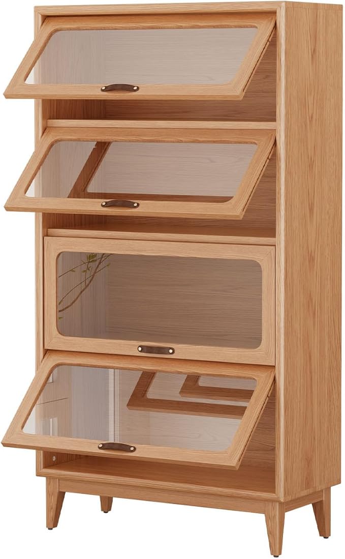 Solid Wood Book Case 4Tier Bookshelves with Tempered Glass Flip-Up Doors Brown Finish Adjustable laminate, Bookshelf Versatile Pantry Cabinet with Storage Home Office (Original Wood D14xW32xH60")