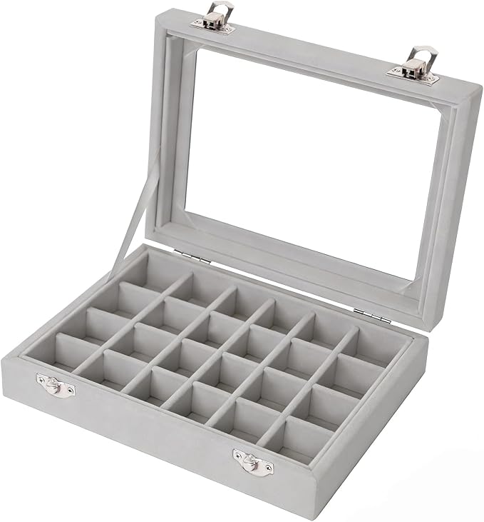 Velvet Jewelry Box 24 Grid Jewelry Earrings Display Organiser Box Ring Tray Holder Earrings Storage Case for Girls Women Wife Mom (Gray)
