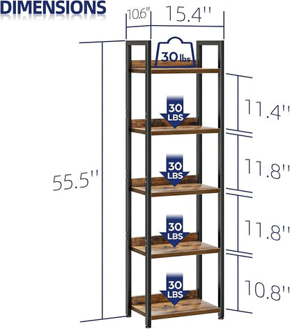 NUMENN Narrow Bookshelf, 5 Tier Bookshelves, Home Office Bookcase Shelf Storage Organizer, Free Standing Storage Shelving Unit for Bedroom, Living Room and Home Office, Vintage