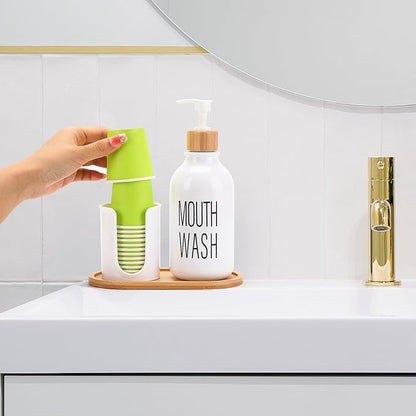 Mouthwash Dispenser with Cup Holder, Plastic White Mouth Wash Pump Bottle with Tray for Bathroom Organizers, 17oz Refillable Clear Mouthwash Container