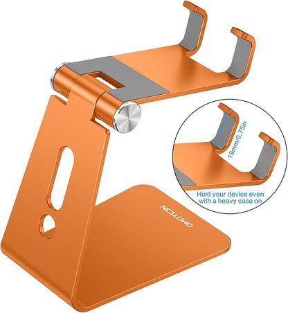 OMOTON Adjustable Cell Phone Stand, Aluminum Desktop Cellphone Stand with Anti-Slip Base and Convenient Charging Port, Fits All Smart Phones, Orange